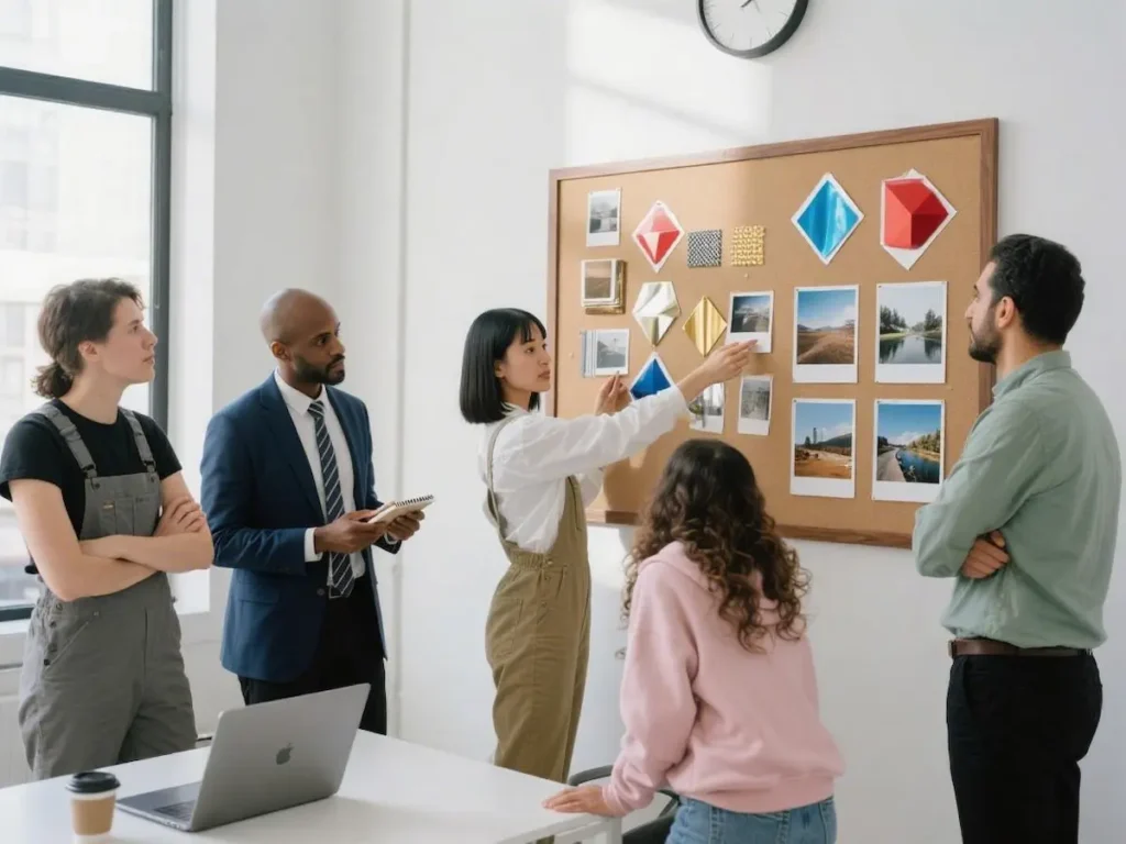 A diverse creative team collaborating around a mood board, representing the process of choosing the right photo corners for a professional project.