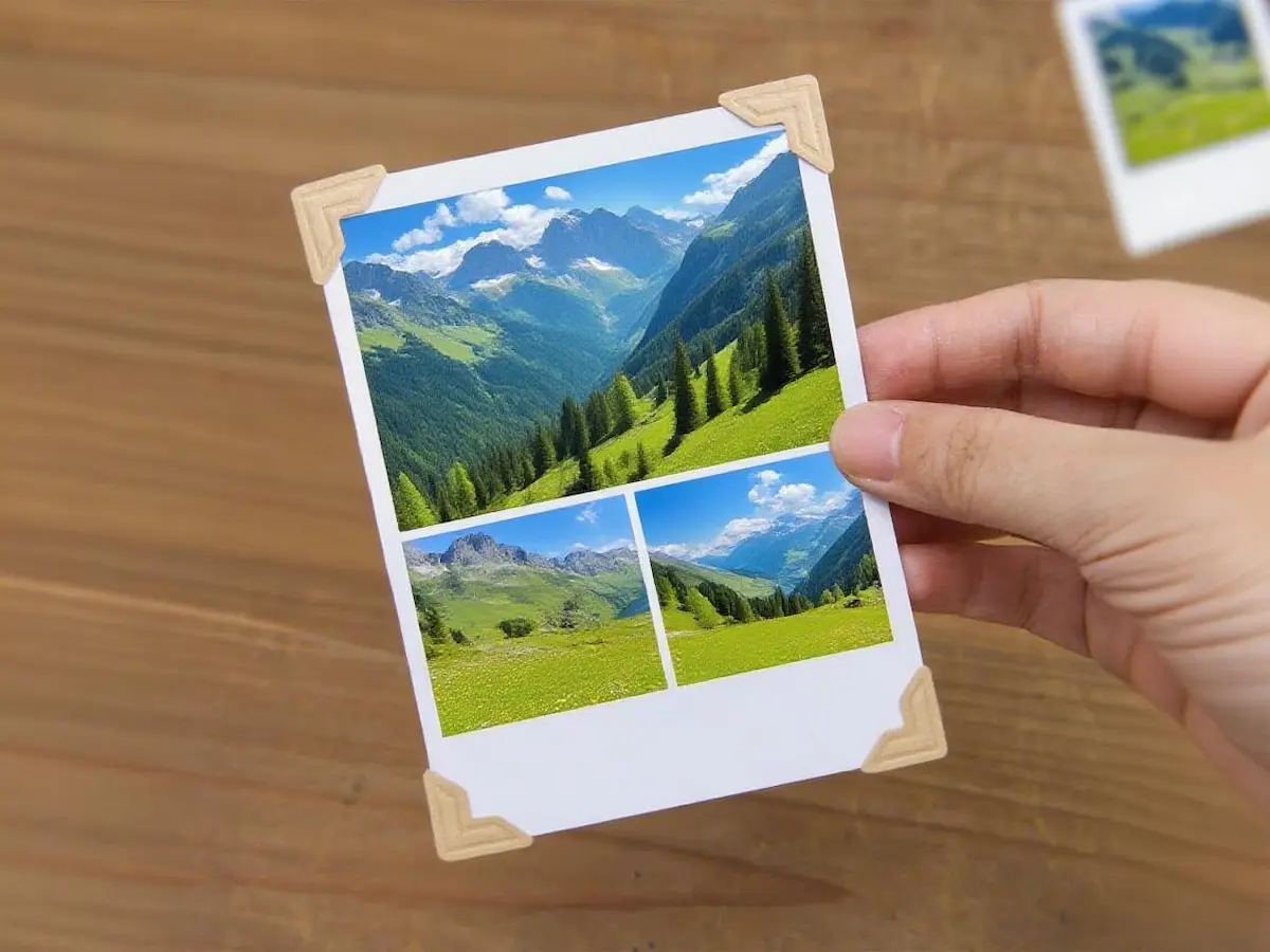 Une main tenant un collage de photos instantanées d'un paysage de montagne, soigneusement fixé avec des coins photo en papier kraft sur un bureau en bois.