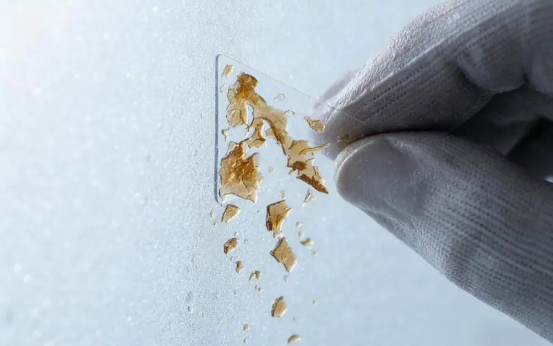 A close-up of an adhesive photo corner failing a cold test, with the glue shattering and cracking, demonstrating poor quality for wholesalers.