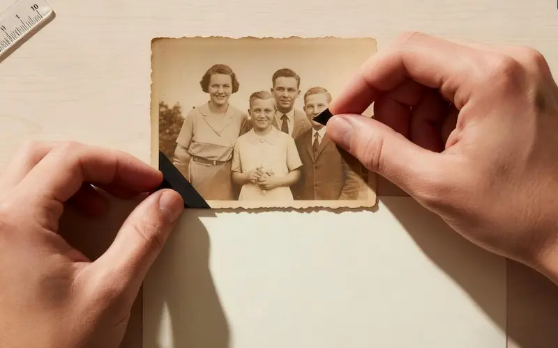 A close-up of a self-adhesive paper photo corner being applied to a vintage photograph in a scrapbook.