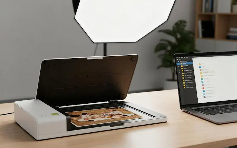 A high-quality scanner digitizing a vintage photograph, with a laptop showing the digital archive folder, representing a modern backup strategy.