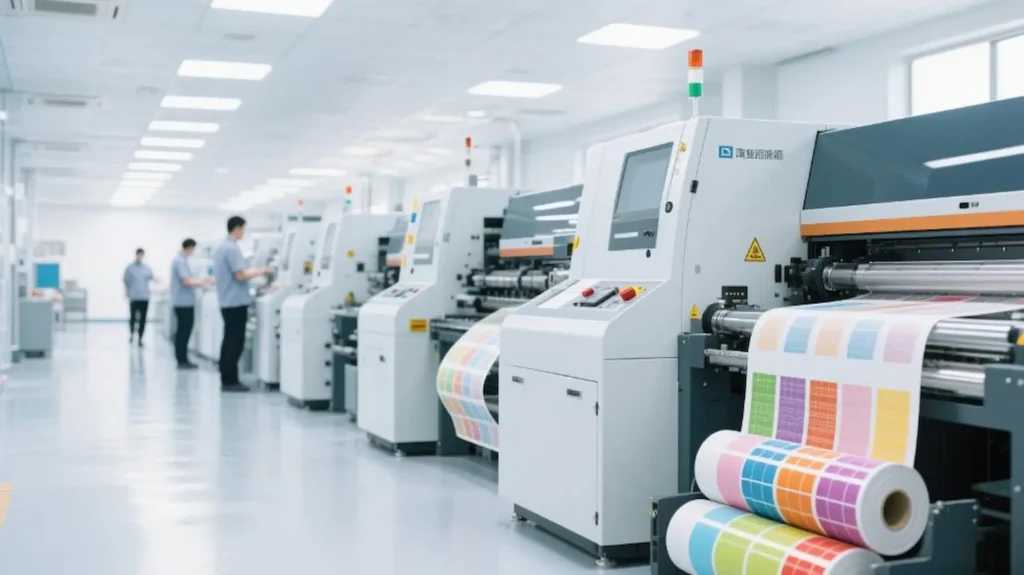 A bright, modern, and clean manufacturing facility for SENDA Stickers, showcasing advanced equipment for producing high-quality photo corners and custom stickers.