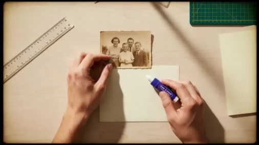 A person deciding between using a safe self-adhesive photo corner and a potentially damaging glue stick to mount a photograph.
